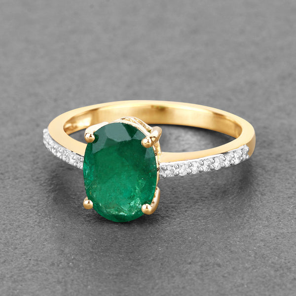 1.70 Carat Genuine Zambian Emerald and White Diamond 14K Yellow Gold Ring