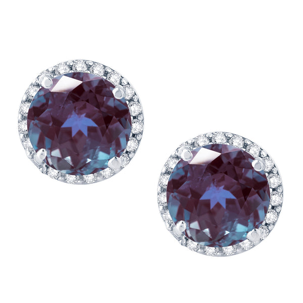 V3 Jewelry 925 Sterling Silver with Round 5.20CT Color Changing Alexandrite and Natural White Topaz Halo Stud Earring