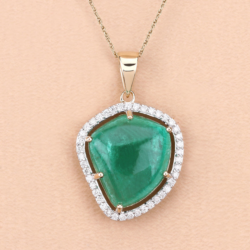 12.13 Carat Genuine Colombian Emerald and White Diamond 14K Yellow Gold Pendant