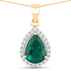 2.38 Carat Genuine Zambian Emerald and White Diamond 14K Yellow Gold Pendant