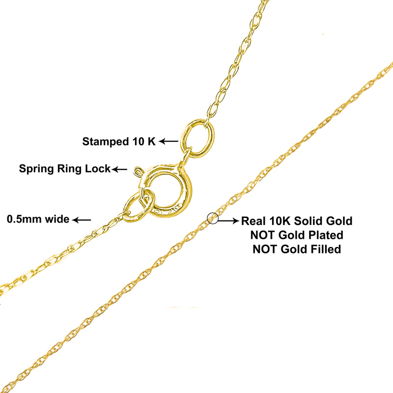 Solid 10K Yellow Gold 0.5mm Slim and Dainty Unisex 18" Rope Chain Necklace