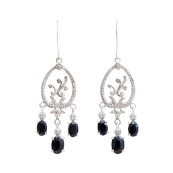 Rodium Plated 925 Sterling Silver Sapphire 0.06 Diamond Earrings for Women