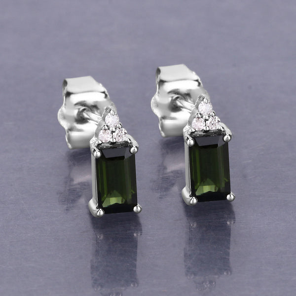 0.59 Carat Genuine Green Tourmaline and White Diamond 14K White Gold Earrings