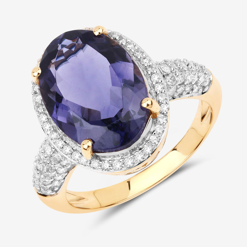 4.41 Carat Genuine Iolite and White Diamond 14K Yellow Gold Ring