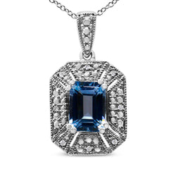 .925 Sterling Silver Blue Topaz and Diamond Accent Art Deco Style 18" Pendant Necklace (I-J Color, I1-I2 Clarity)