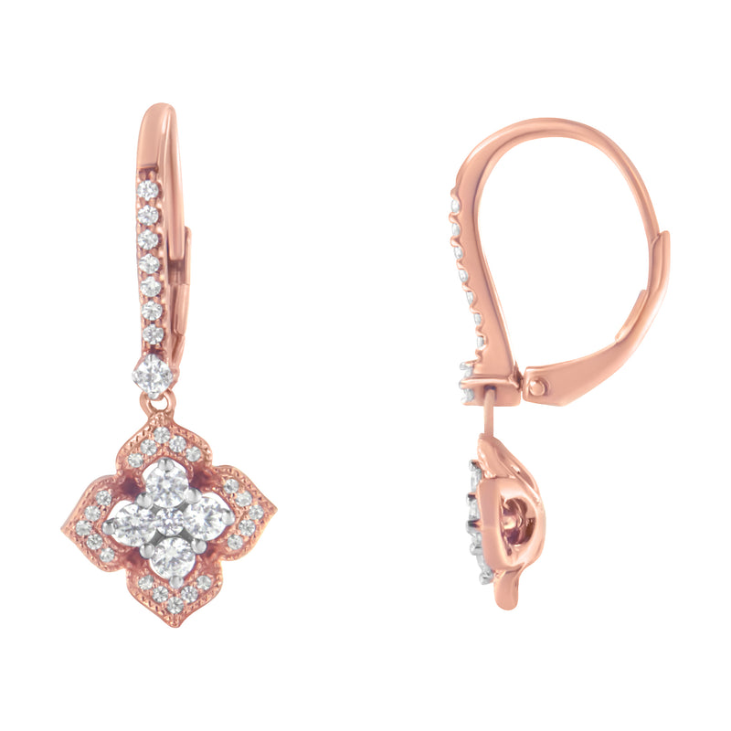 10K Rose Gold 3/4 Cttw Diamond Flower Drop Dangle Earring (I-J Color, I1-I2 Clarity)