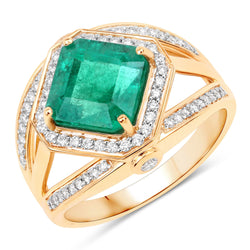 IGI Certified 3.48 Carat Genuine Zambian Emerald and White Diamond 14K Yellow Gold Ring