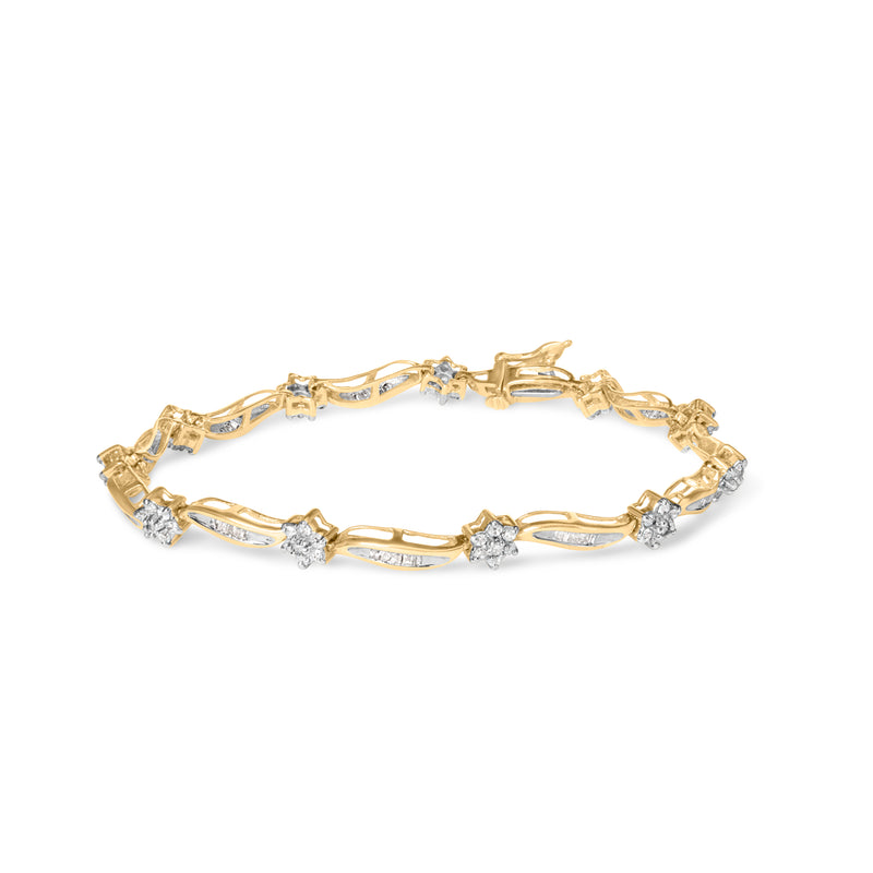 10K Yellow Gold 2.00 Cttw Round-Cut and Baguette-Cut Floral Design Swirl Link 7.5" Bracelet (H-I Color, I2-I3 Clarity)