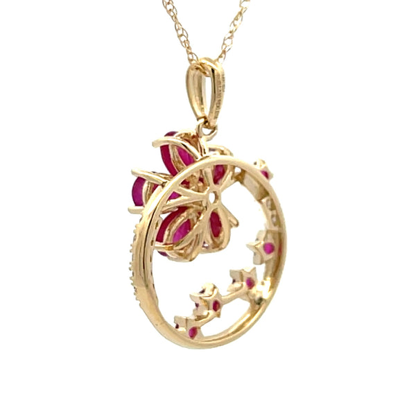 1.08ct Ruby Diamond Flower Pendant 14KT Yellow Gold