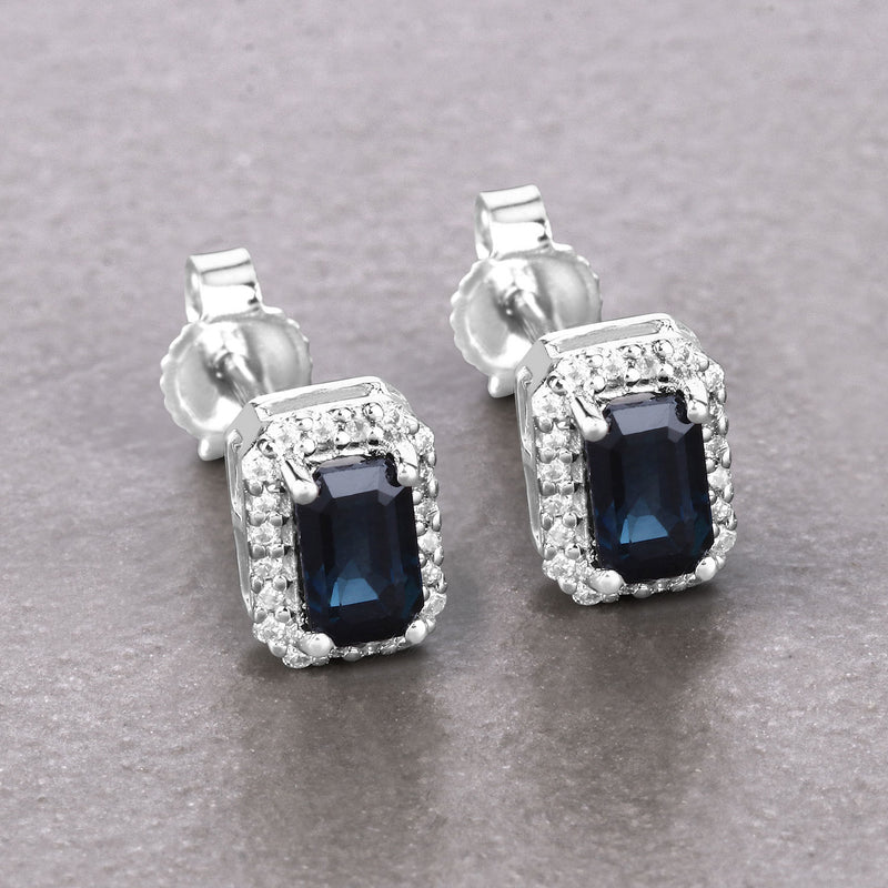 0.91 Carat Genuine Blue Sapphire and White Diamond 14K White Gold Earrings