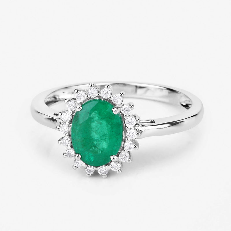 1.37 Carat Genuine Zambian Emerald and White Diamond 14K White Gold Ring