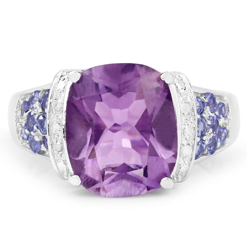 "4.66 Carat Genuine Amethyst, Tanzanite and White Diamond .925 Sterling Silver Ring