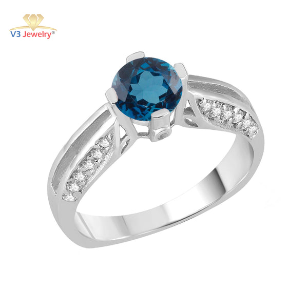 V3 Jewelry London Blue Topaz & White Topaz Solitaire Ring
