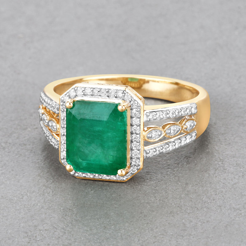 IGI Certified 2.46 Carat Genuine Zambian Emerald and White Diamond 14K Yellow Gold Ring