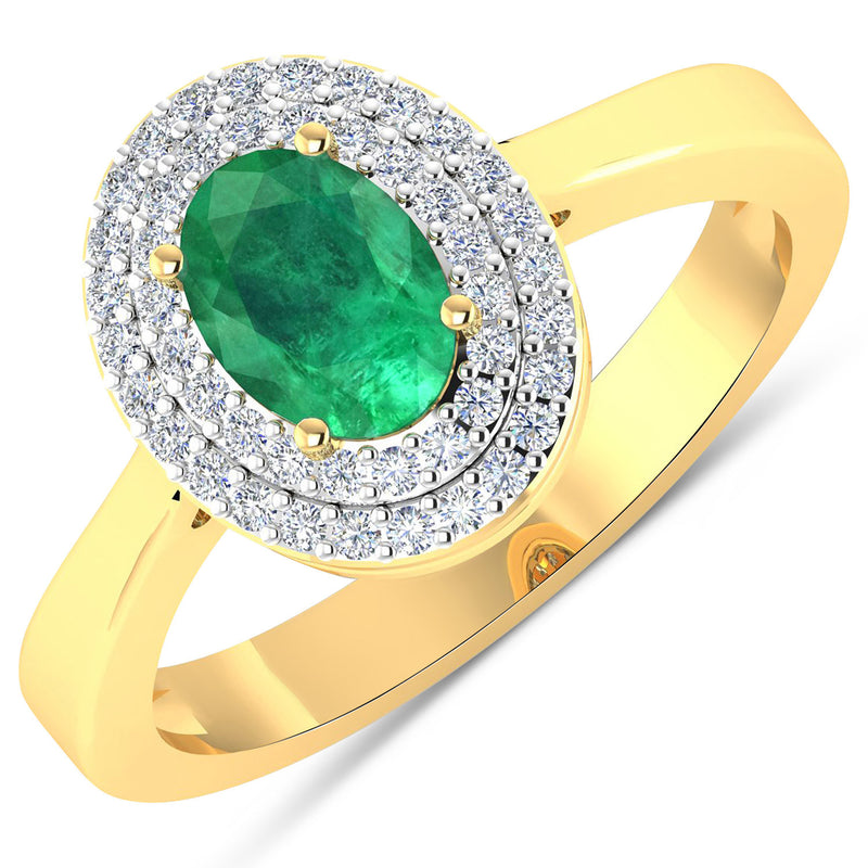 0.88 Carat Genuine Zambian Emerald  and White Diamond 14K Yellow Gold Ring