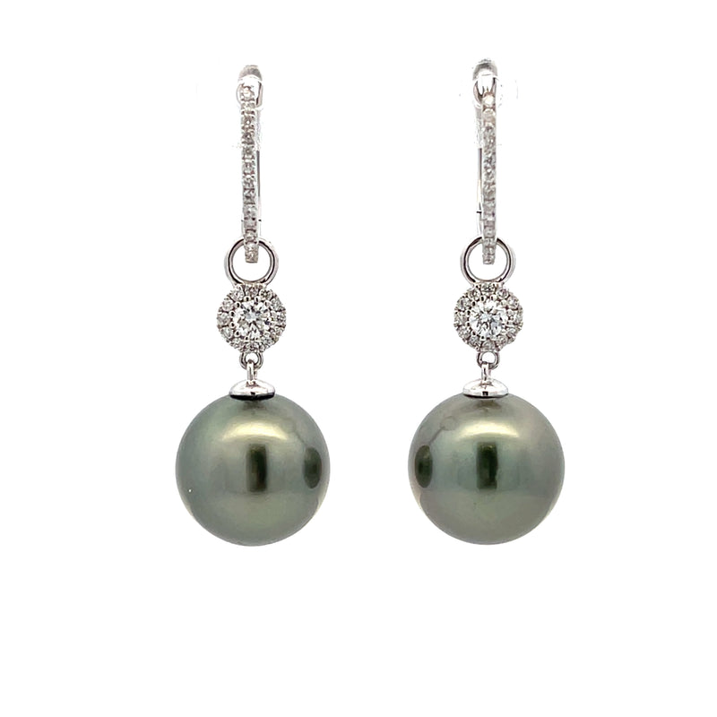 Tahitian Pearl Diamond Dangle Earrings 18KT White Gold