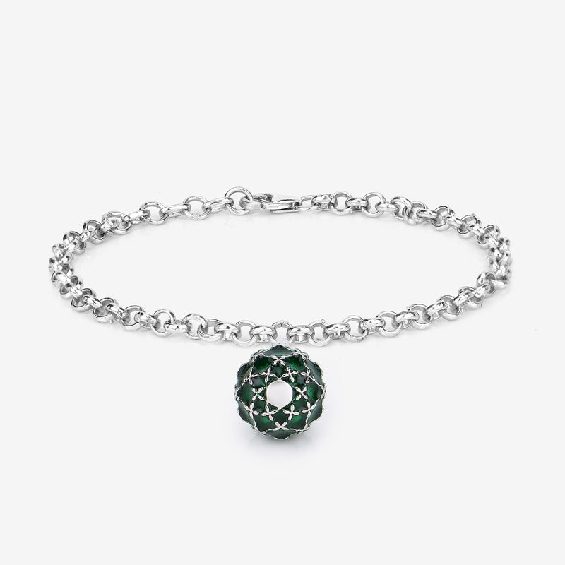 13.66 Grams .925 Sterling Silver Green Enamel Charm Bracelet