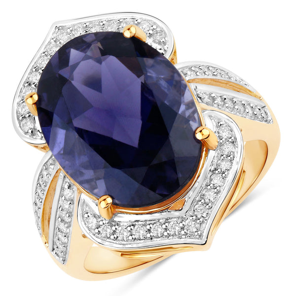 7.25 Carat Genuine Iolite and White Diamond 14K Yellow Gold Ring