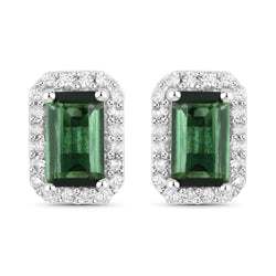 0.76 Carat Genuine Green Tourmaline and White Diamond 14K White Gold Earrings