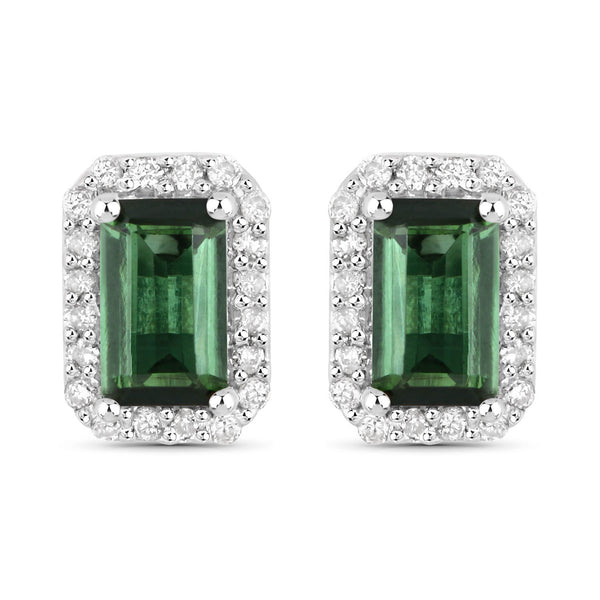 0.76 Carat Genuine Green Tourmaline and White Diamond 14K White Gold Earrings