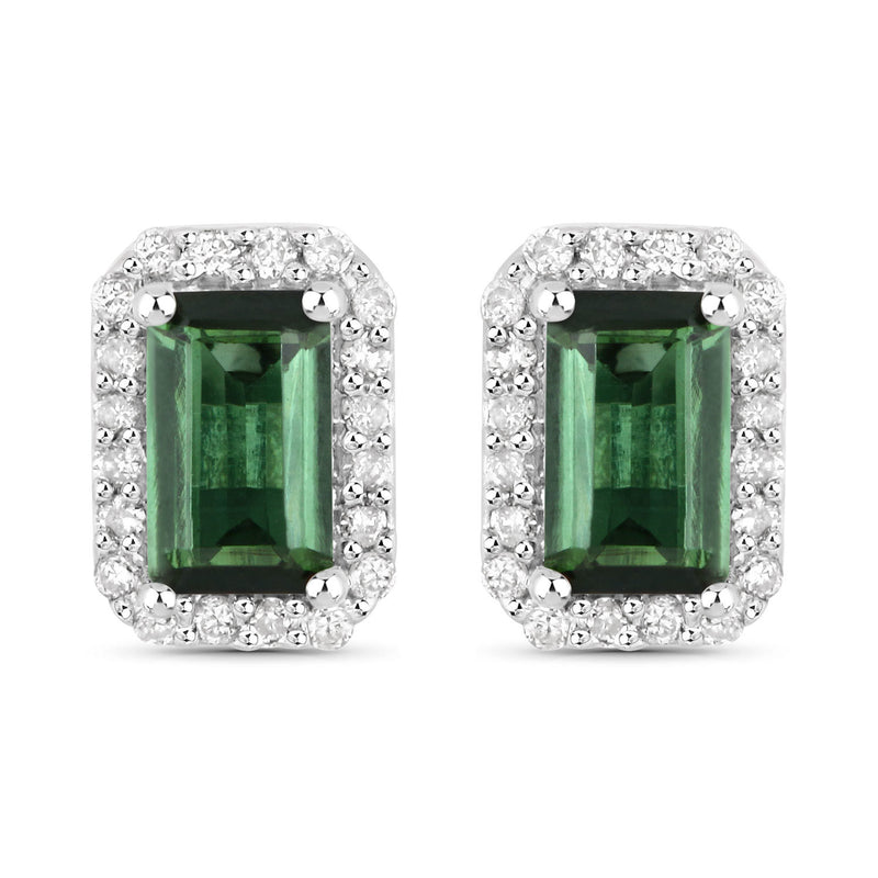 0.76 Carat Genuine Green Tourmaline and White Diamond 14K White Gold Earrings