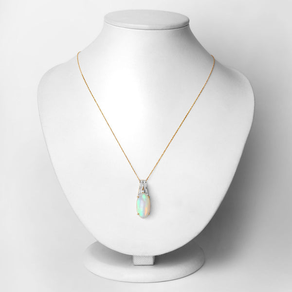 7.57 Carat Genuine Ethiopian Opal and White Diamond 14K Yellow Gold Pendant