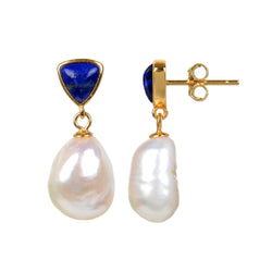 V3 Jewelry Freshwater Pearl & Lapis Lazuli Trillion-Cut Drop Earrings