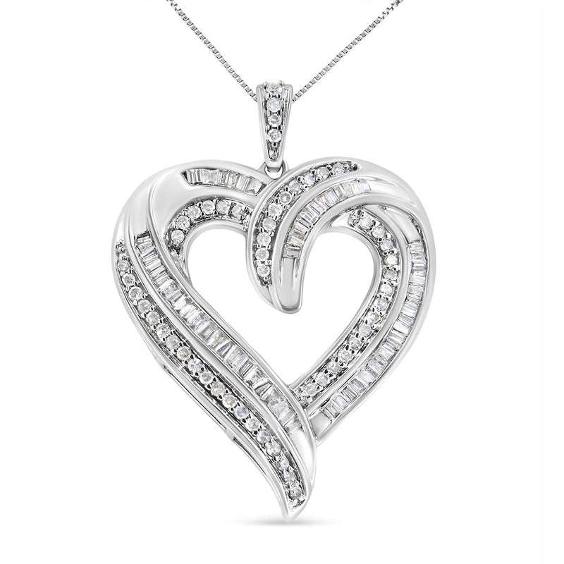 .925 Sterling Silver 3/4 Cttw Round and Baguette-Cut Diamond Open Heart 18" Pendant Necklace (I-J Color, I2-I3 Clarity)