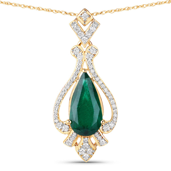 IGI Certified 3.49 Carat Genuine Zambian Emerald and White Diamond 14K Yellow Gold Pendant