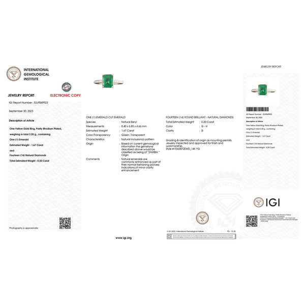 IGI Certified 1.87 Carat Genuine Zambian Emerald and White Diamond 14K Yellow Gold Ring