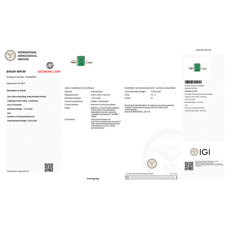 IGI Certified 1.87 Carat Genuine Zambian Emerald and White Diamond 14K Yellow Gold Ring