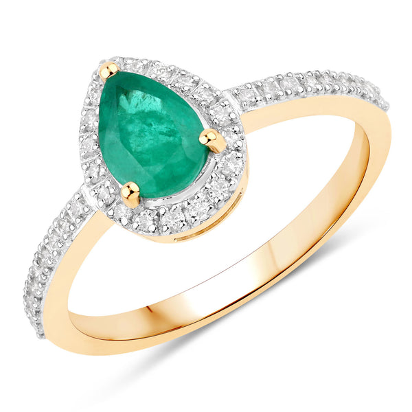 0.88 Carat Genuine Zambian Emerald and White Diamond 14K Yellow Gold Ring