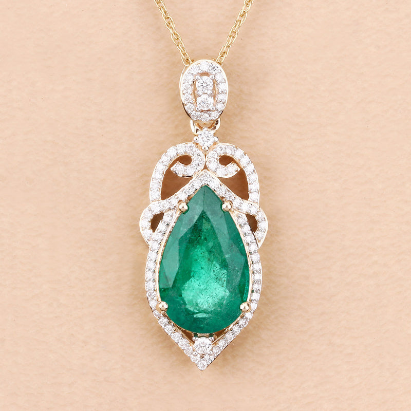 IGI Certified 3.89 Carat Genuine Zambian Emerald and White Diamond 14K Yellow Gold Pendant