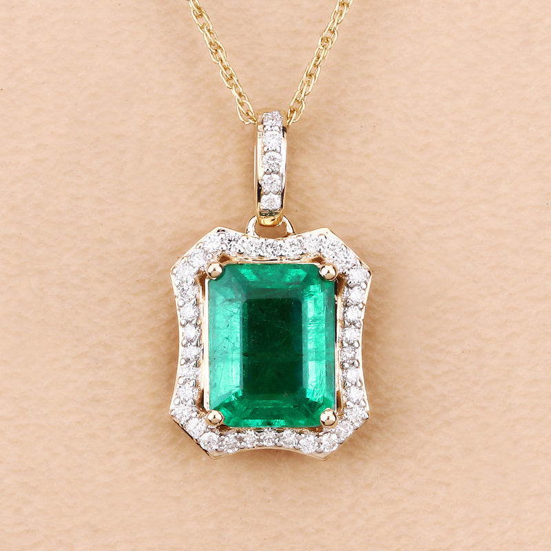 IGI Certified 2.45 Carat Genuine Zambian Emerald and White Diamond 14K Yellow Gold Pendant