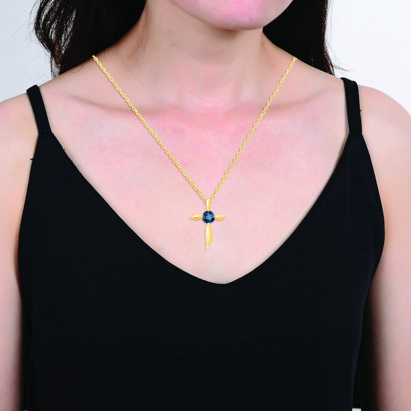 V3 Jewelry 18K Gold Plated with Round Natural London Blue Topaz Cross Pendant with 18" Chain