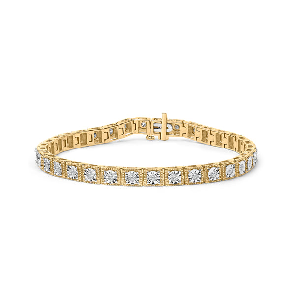 14K Yellow Gold Plated .925 Sterling Silver 1.0 Cttw Miracle Set Diamond Milgrain Link Tennis Bracelet (I-J Color, I2-I3 Clarity) - 7" Inches