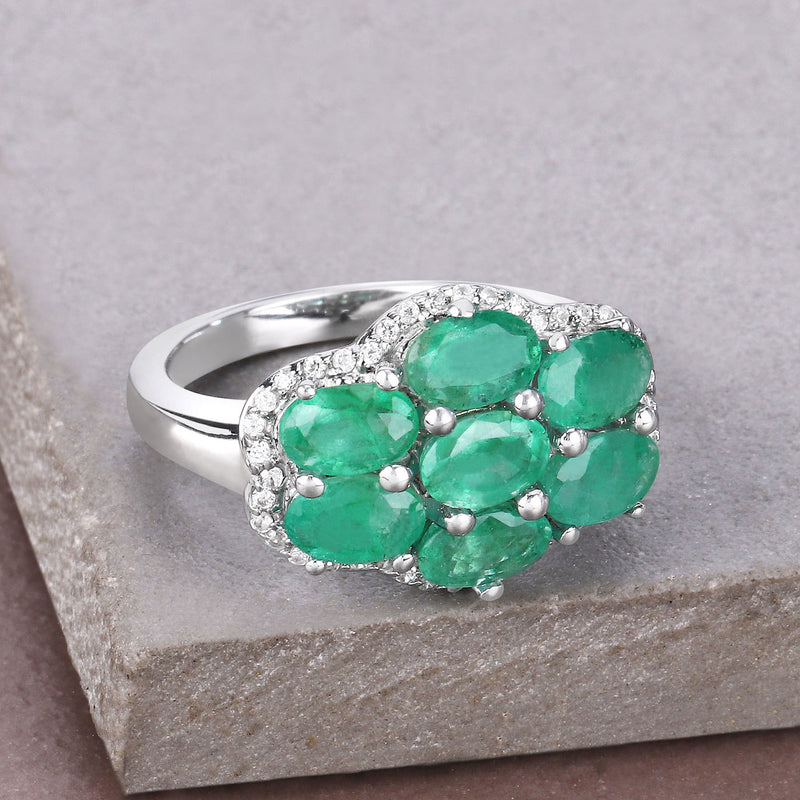 3.33 Carat Genuine Zambian Emerald and White Zircon .925 Sterling Silver Ring