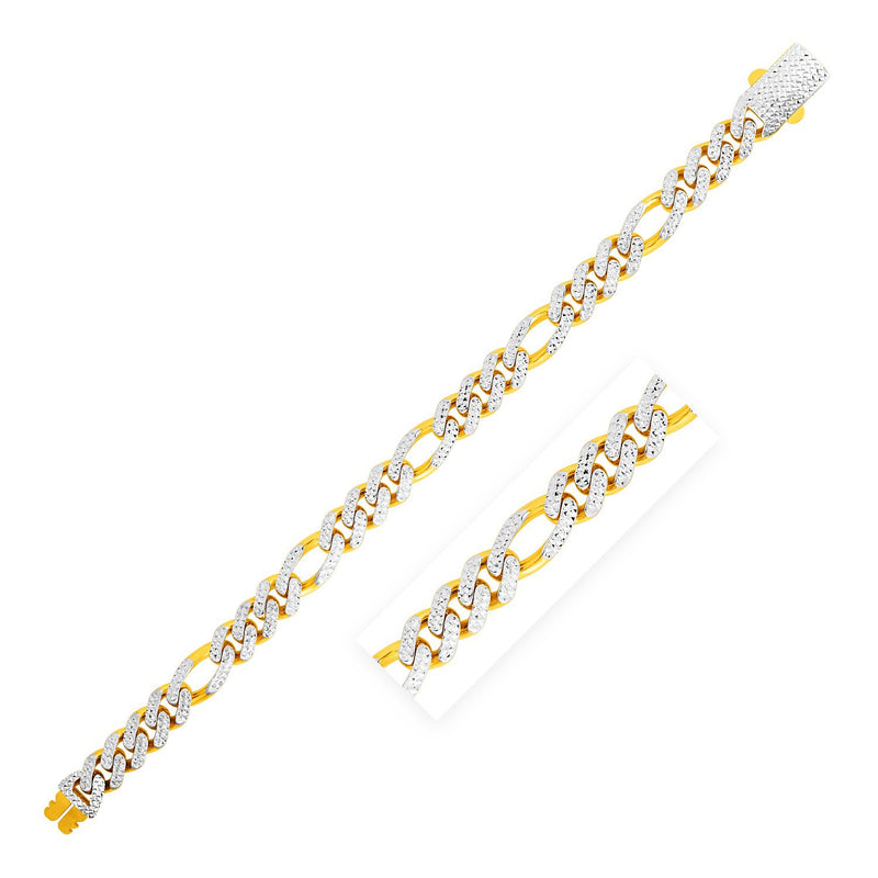 14k Yellow Gold White Pave High Polish Modern Lite Figaro Bracelet (9.5mm)