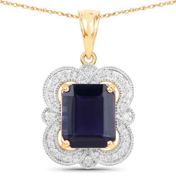 4.07 Carat Genuine Iolite and White Diamond 14K Yellow Gold Pendant