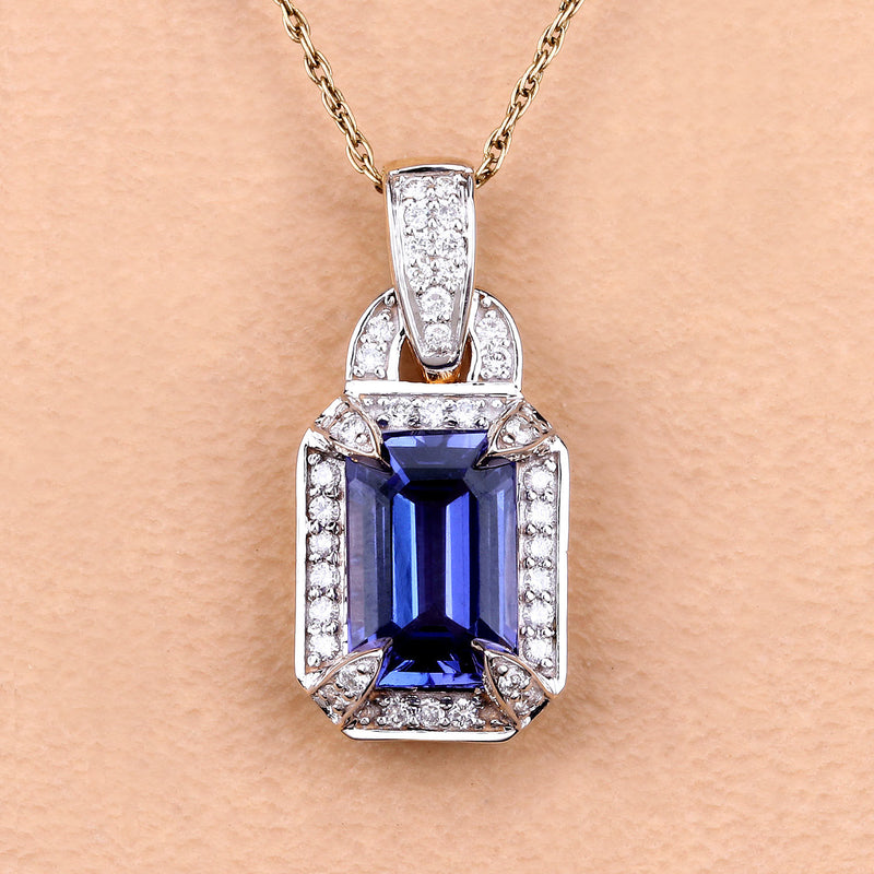 2.08 Carat Genuine Tanzanite and White Diamond 14K Yellow Gold Pendant