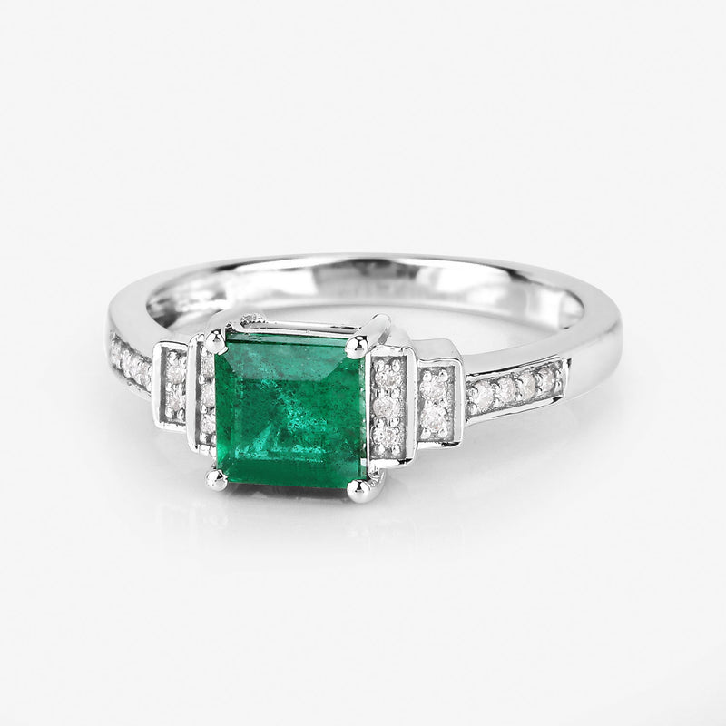 1.09 Carat Genuine Zambian Emerald and White Diamond 14K White Gold Ring