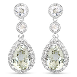 7.24 Carat Genuine Green Amethyst and White Topaz .925 Sterling Silver Earrings