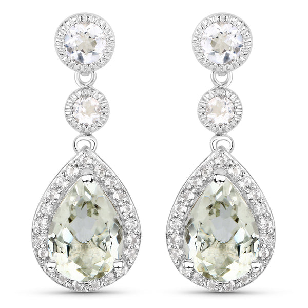 7.24 Carat Genuine Green Amethyst and White Topaz .925 Sterling Silver Earrings