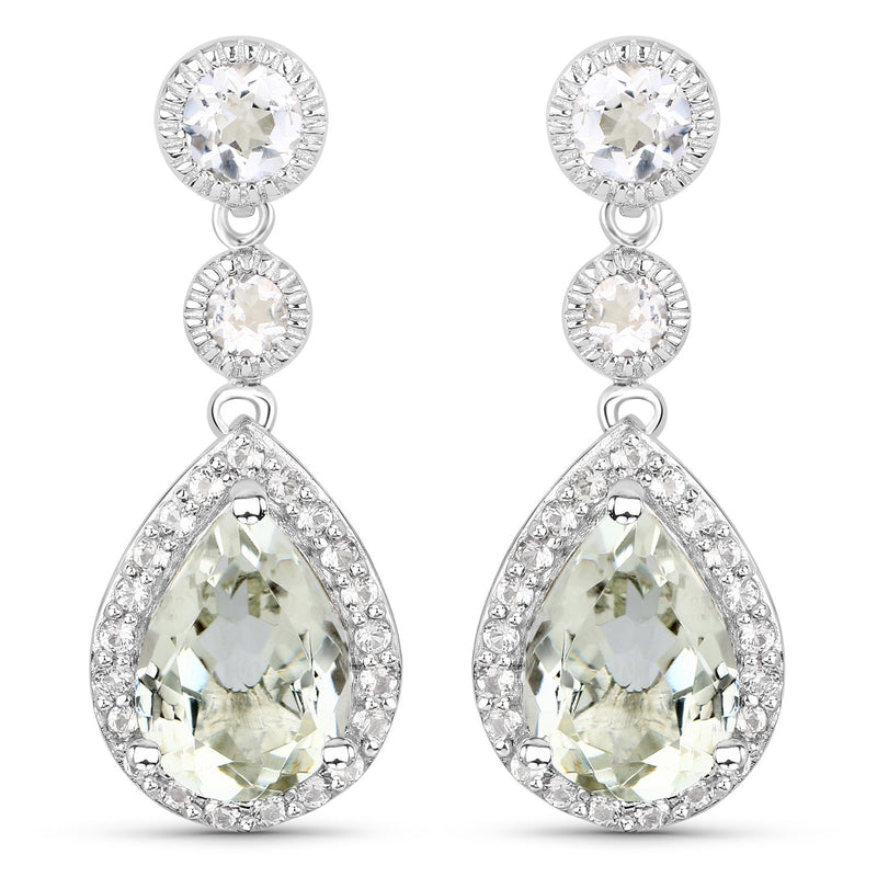 7.24 Carat Genuine Green Amethyst and White Topaz .925 Sterling Silver Earrings