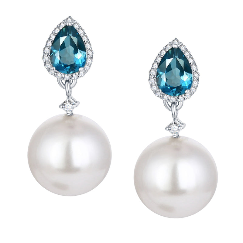 V3 Jewelry Shell Pearl, Natural London Blue Topaz & Sterling Silver Drop Earrings