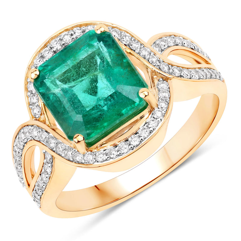 IGI Certified 3.72 Carat Genuine Zambian Emerald and White Diamond 14K Yellow Gold Ring