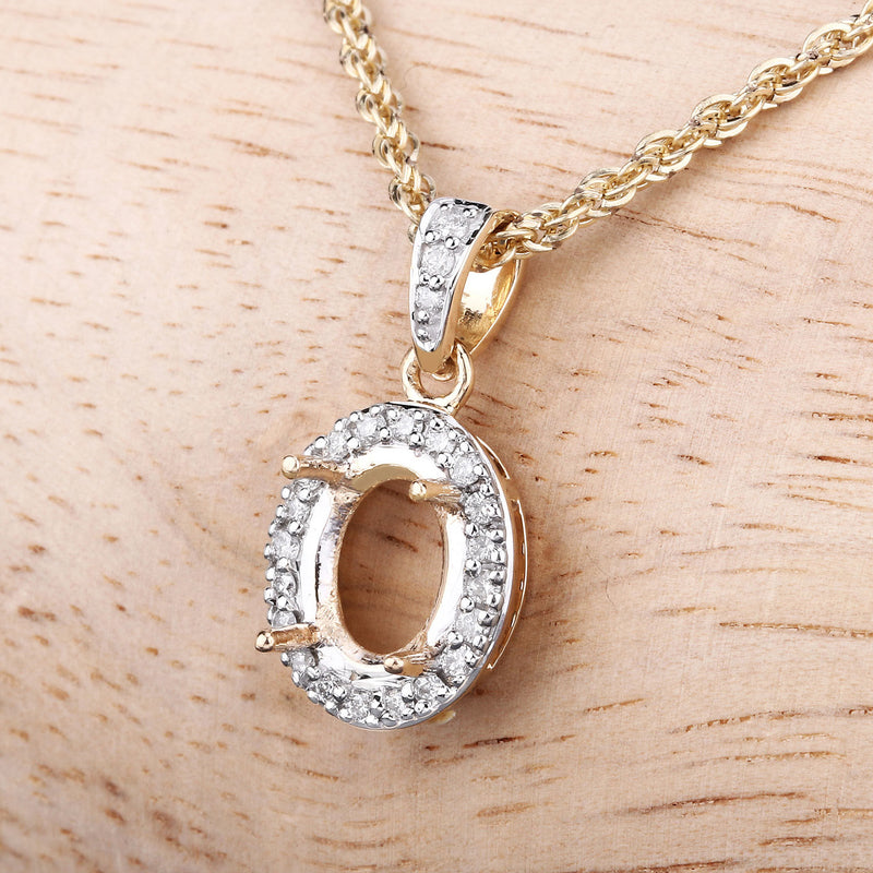 0.18 Carat Genuine White Diamond 14K Yellow Gold Semi Mount Pendant - holds 8x6mm Oval Gemstone