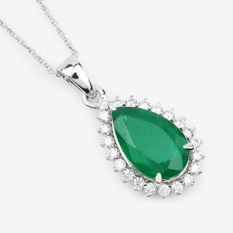 IGI Certified 3.07 Carat Genuine Zambian Emerald and White Diamond 14K White Gold Pendant