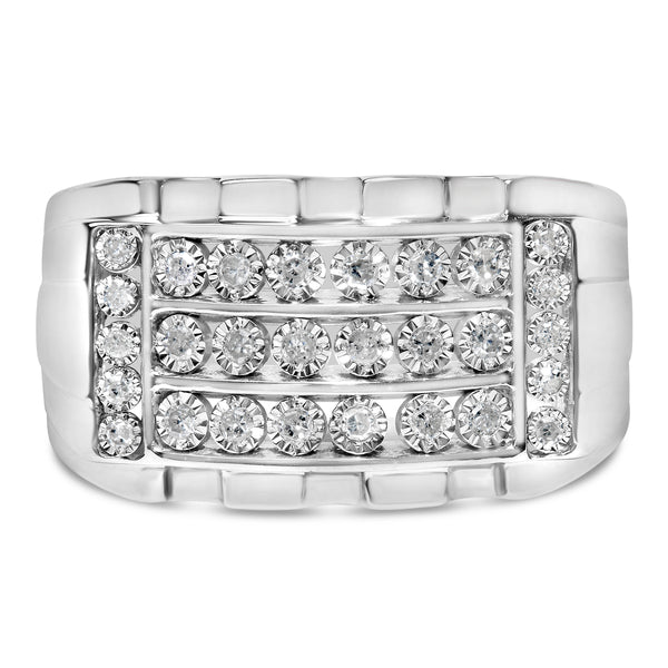 .925 Sterling Silver 1/4 Cttw Diamond Three Row Channel Band Ring (I-J Color, I3 Clarity) - Size 10