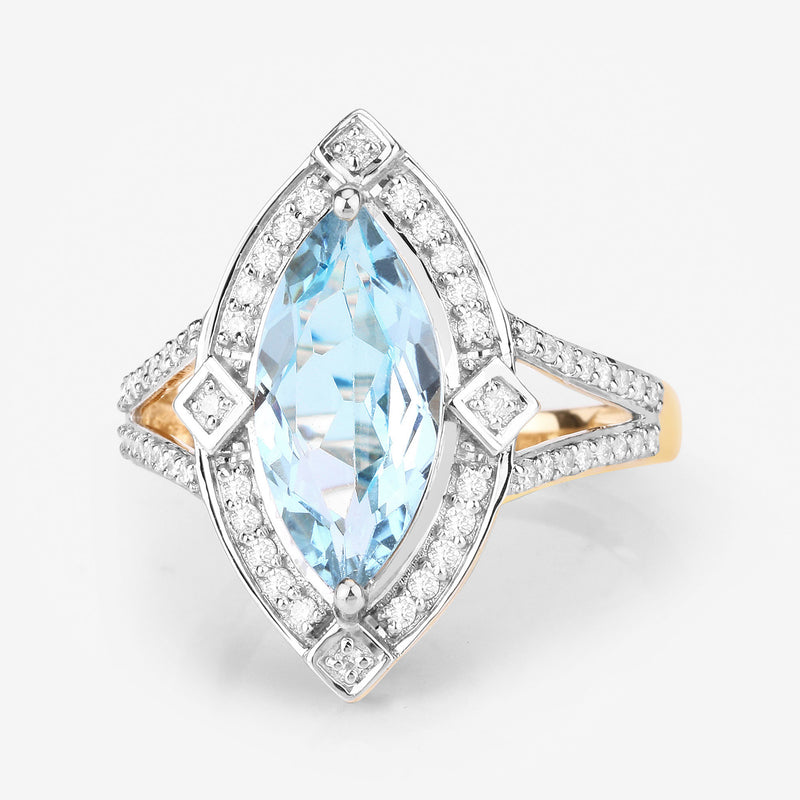 2.44 Carat Genuine Aquamarine and White Diamond 14K Yellow Gold Ring